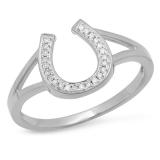 0.10 Carat (ctw) 10K White Gold Round White Diamond Right Hand Horse Shoe Ring 1/10 CT