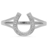 0.10 Carat (ctw) 10K White Gold Round White Diamond Right Hand Horse Shoe Ring 1/10 CT