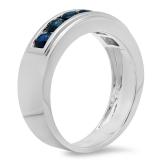 1.10 Carat (ctw) 10K White Gold Round Cut Blue Sapphire Men's Channel Set Anniversary Wedding Band 1 1/2 CT