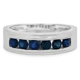 1.10 Carat (ctw) 10K White Gold Round Cut Blue Sapphire Men's Channel Set Anniversary Wedding Band 1 1/2 CT