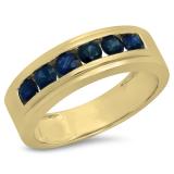 1.10 Carat (ctw) 10K Yellow Gold Round Cut Blue Sapphire Men's Channel Set Anniversary Wedding Band 1 1/2 CT