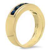 1.10 Carat (ctw) 10K Yellow Gold Round Cut Blue Sapphire Men's Channel Set Anniversary Wedding Band 1 1/2 CT