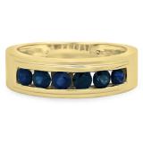 1.10 Carat (ctw) 10K Yellow Gold Round Cut Blue Sapphire Men's Channel Set Anniversary Wedding Band 1 1/2 CT