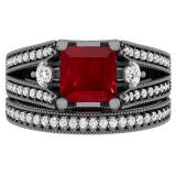 3.60 Carat (Ctw) Black Rhodium Plated Sterling Silver Princess Cut Ruby & Round White Diamond Ladies Split Shank Bridal Engagement Ring With Matching Band Set