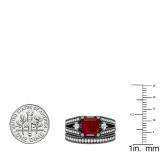 3.60 Carat (Ctw) Black Rhodium Plated Sterling Silver Princess Cut Ruby & Round White Diamond Ladies Split Shank Bridal Engagement Ring With Matching Band Set