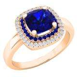 1.40 Carat (Ctw) 10K Rose Gold Round & Cushion Cut Blue Sapphire & Round Cut White Diamond Ladies Halo Style Bridal Engagement Ring