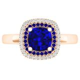 1.40 Carat (Ctw) 10K Rose Gold Round & Cushion Cut Blue Sapphire & Round Cut White Diamond Ladies Halo Style Bridal Engagement Ring