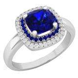 1.40 Carat (Ctw) 10K White Gold Round & Cushion Cut Blue Sapphire & Round Cut White Diamond Ladies Halo Style Bridal Engagement Ring