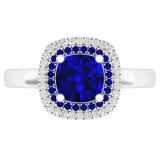 1.40 Carat (Ctw) 10K White Gold Round & Cushion Cut Blue Sapphire & Round Cut White Diamond Ladies Halo Style Bridal Engagement Ring