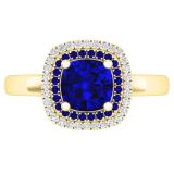1.40 Carat (Ctw) 10K Yellow Gold Round & Cushion Cut Blue Sapphire & Round Cut White Diamond Ladies Halo Style Bridal Engagement Ring
