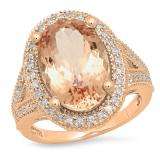 7.70 Carat (ctw) 10K Rose Gold Oval Cut Morganite & Round Cut White Diamond Ladies Halo Style Split Shank Bridal Engagement Ring