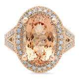 7.70 Carat (ctw) 10K Rose Gold Oval Cut Morganite & Round Cut White Diamond Ladies Halo Style Split Shank Bridal Engagement Ring