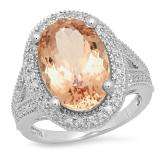 7.70 Carat (ctw) 14K White Gold Oval Cut Morganite & Round Cut White Diamond Ladies Halo Style Split Shank Bridal Engagement Ring
