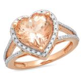3.80 Carat (ctw) 10K Rose Gold Heart Cut Morganite & Round Cut White Diamond Ladies Halo Style Split Shank Bridal Engagement Ring