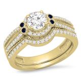 1.05 Carat (ctw) 10K Yellow Gold Round White And Blue Sapphire Ladies Halo Style Bridal Engagement Ring With Matching BAnd Set 1 CT