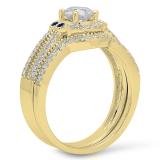 1.05 Carat (ctw) 10K Yellow Gold Round White And Blue Sapphire Ladies Halo Style Bridal Engagement Ring With Matching BAnd Set 1 CT