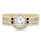 1.05 Carat (ctw) 10K Yellow Gold Round White And Blue Sapphire Ladies Halo Style Bridal Engagement Ring With Matching BAnd Set 1 CT