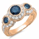 2.40 Carat (ctw) 10K Rose Gold Round Blue And White Diamond Ladies Vintage Bridal Engagement 3 Stone Ring 2 1/2 CT