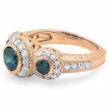 2.40 Carat (ctw) 10K Rose Gold Round Blue And White Diamond Ladies Vintage Bridal Engagement 3 Stone Ring 2 1/2 CT