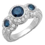 2.40 Carat (ctw) 10K White Gold Round Blue And White Diamond Ladies Vintage Bridal Engagement 3 Stone Ring 2 1/2 CT
