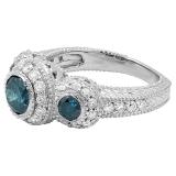 2.40 Carat (ctw) 10K White Gold Round Blue And White Diamond Ladies Vintage Bridal Engagement 3 Stone Ring 2 1/2 CT