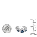2.40 Carat (ctw) 10K White Gold Round Blue And White Diamond Ladies Vintage Bridal Engagement 3 Stone Ring 2 1/2 CT