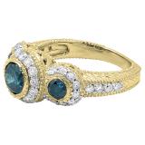 2.40 Carat (ctw) 10K Yellow Gold Round Blue And White Diamond Ladies Vintage Bridal Engagement 3 Stone Ring 2 1/2 CT