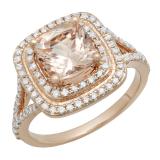 2.00 Carat (ctw) 14K Rose Gold Cushion Cut Morganite and Round Cut White Diamond Ladies Split Shank Halo Bridal Engagement Ring 2 CT