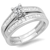 1.00 Carat (ctw) 14K White Gold Princess Diamond Ladies Bridal Engagement Ring Set Matching Band 1 CT