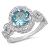 2.25 Carat (ctw) 14K White Gold Round Blue Topaz & White Diamond Ladies Bridal Swirl Split Shank Engagement Ring