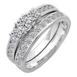 1.15 Carat (ctw) 14K White Gold Round Diamond Ladies Bridal 3 Stone Engagement Ring Set