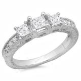 1.00 Carat (ctw) 14K White Gold Princess & Round Diamond Ladies 3 Stone Bridal Engagement Ring 1 CT