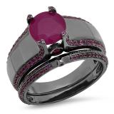 3.25 Carat (ctw) Black Rhodium Plated Sterling Silver Round Cut Ruby Ladies Bridal Engagement Ring With Matching Band Set
