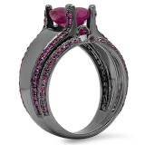 3.25 Carat (ctw) Black Rhodium Plated Sterling Silver Round Cut Ruby Ladies Bridal Engagement Ring With Matching Band Set