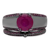 3.25 Carat (ctw) Black Rhodium Plated Sterling Silver Round Cut Ruby Ladies Bridal Engagement Ring With Matching Band Set