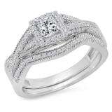 0.70 Carat (Ctw) 14K White Gold Princess & Round Cut White Diamond Ladies Bridal Swirl Halo Style Split Shank Engagement Ring With Matching Band Set 3/4 CT