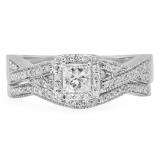 0.70 Carat (Ctw) 14K White Gold Princess & Round Cut White Diamond Ladies Bridal Swirl Halo Style Split Shank Engagement Ring With Matching Band Set 3/4 CT
