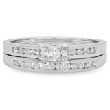 0.40 Carat (ctw) 10K White Gold Round & Baguette Diamond Ladies Bridal Engagement Ring Set