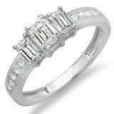 1.10 Carat (ctw) 14K White Gold Emerald and Princess Diamond Ladies 3 Stone Engagement Bridal Ring