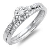 0.27 Carat (ctw) 10K White Gold Round Diamond Ladies Halo Style Bridal Engagement Ring Set With Matching Band 1/4 CT