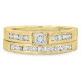 0.60 Carat (ctw) 18K Yellow Gold Princess & Round White Diamond Ladies Bridal Engagement Ring With Matching Band Set