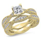 1.80 Carat (Ctw) 14K Yellow Gold Princess & Round Cut White Diamond Ladies V Prong Milgrain Bridal Engagement Ring Matching Band Sets 1 3/4 CT