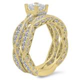 1.80 Carat (Ctw) 14K Yellow Gold Princess & Round Cut White Diamond Ladies V Prong Milgrain Bridal Engagement Ring Matching Band Sets 1 3/4 CT