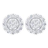 0.90 Carat (ctw) 18K White Gold Round Cut White Diamond Ladies Cluster Style Stud Earrings