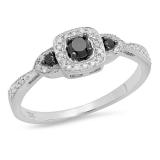 0.35 Carat (ctw) 18K White Gold Round Black & White Diamond Ladies 3 Stone Vintage Bridal Engagement Ring 1/3 CT
