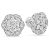 1.40 Carat (ctw) Sterling Silver Round White Diamond Ladies Vintage Style Cluster Stud Earrings