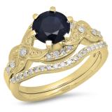 1.75 Carat (ctw) 10K Yellow Gold Round Blue Sapphire And White Diamond Ladies Bridal Engagement Ring Matching Band Set