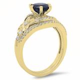 1.75 Carat (ctw) 10K Yellow Gold Round Blue Sapphire And White Diamond Ladies Bridal Engagement Ring Matching Band Set