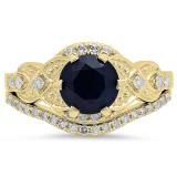 1.75 Carat (ctw) 10K Yellow Gold Round Blue Sapphire And White Diamond Ladies Bridal Engagement Ring Matching Band Set