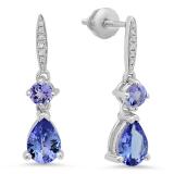 1.65 Carat (ctw) Sterling Silver Round & Pear Cut Tanzanite & Round Cut White Diamond Ladies Dangling Drop Earrings 1 1/2 CT